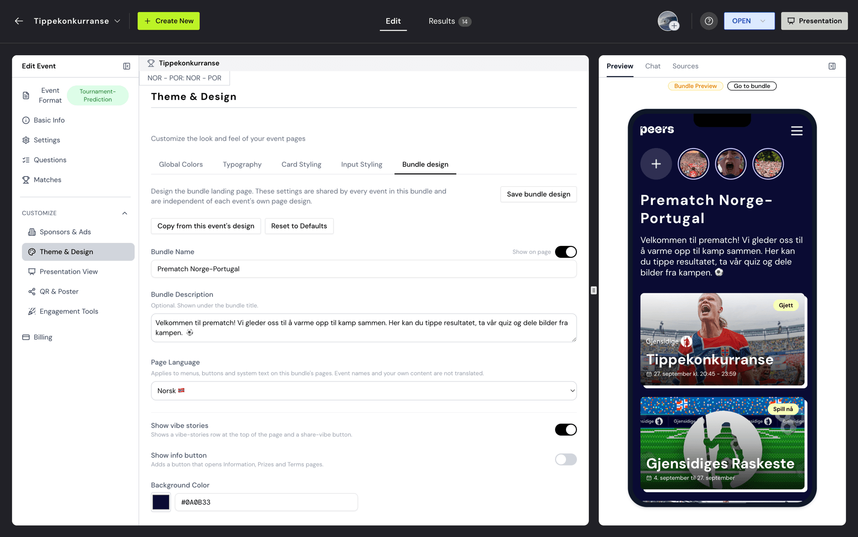 Peers control panel: theme and design settings with a live preview of the audience page